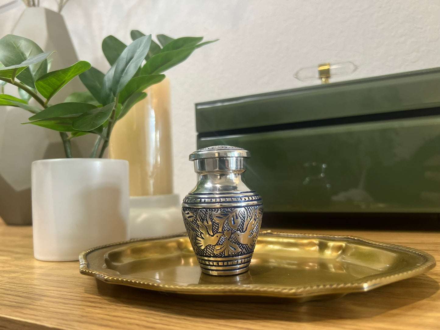 Solid Brass/Aluminum Hand-Etched Doves Keepsake Single in Velvet Box - Keepsakes for Ashes
