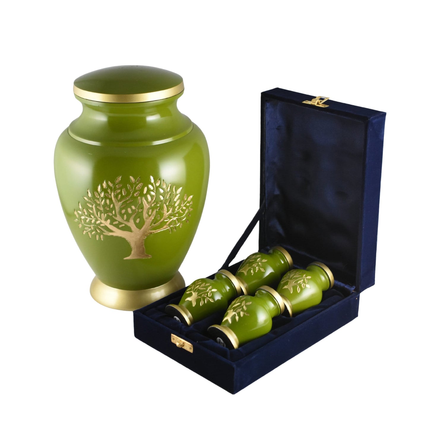 Gold Tree of Life Green/Gray/Black - Unique design Keepsake Single in Velvet Box for Ashes Adult male/female - Hand Etched