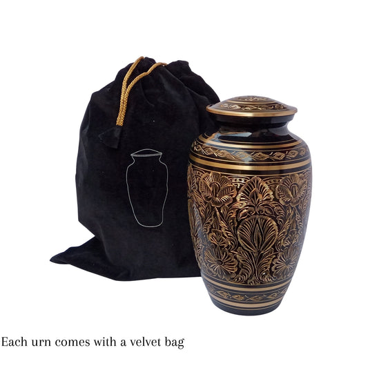 Solid Brass Hand-Etched Large Adult Cremation Urn for Human Ashes — With Velvet Bag