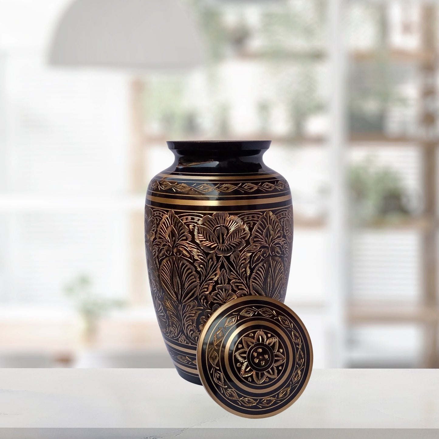 Solid Brass Hand-Etched Large Adult Cremation Urn for Human Ashes — With Velvet Bag