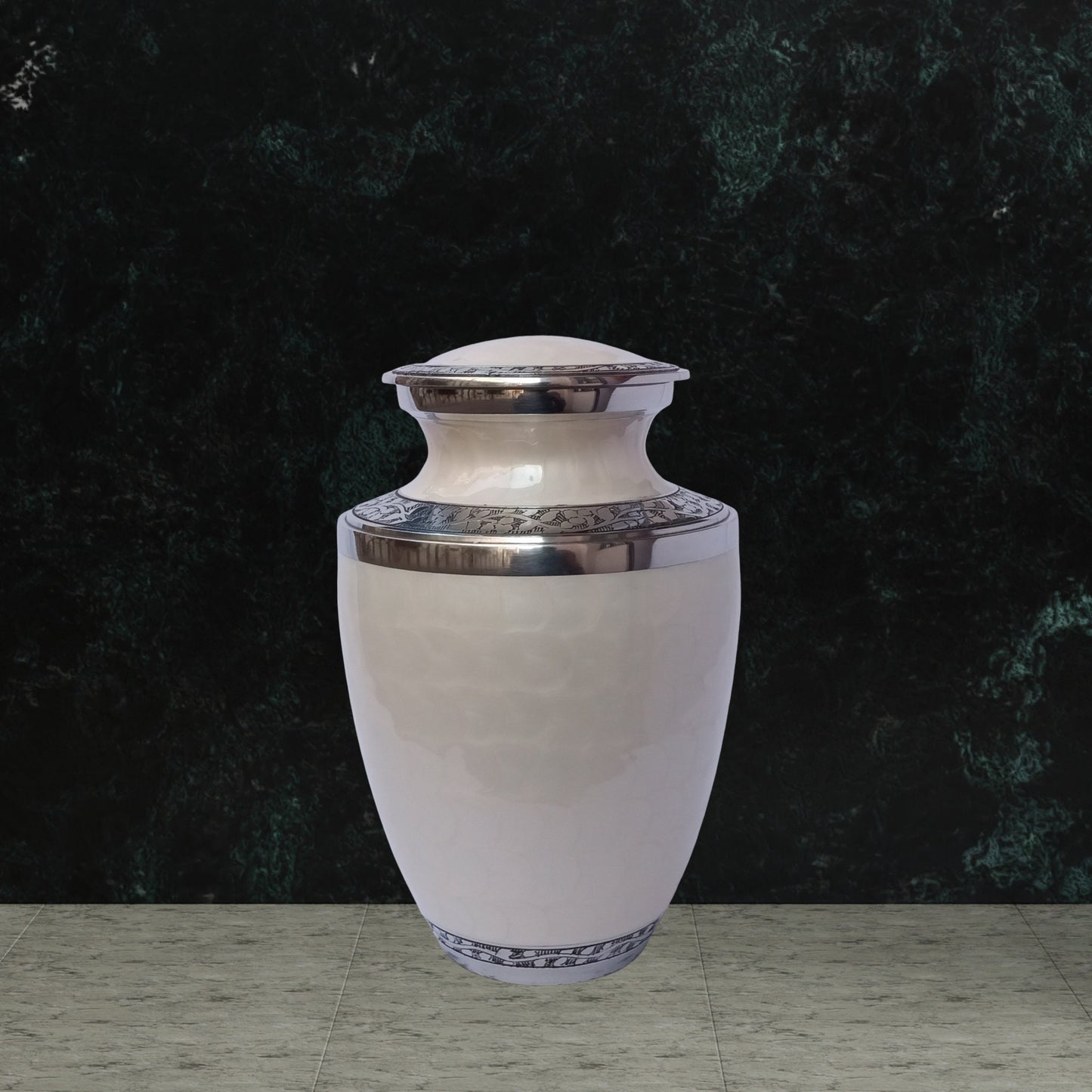 Beautifully Crafted Leaf and Mother of Pearl Pattern Large Adult Cremation Urn for Human Ashes — With Velvet Bag