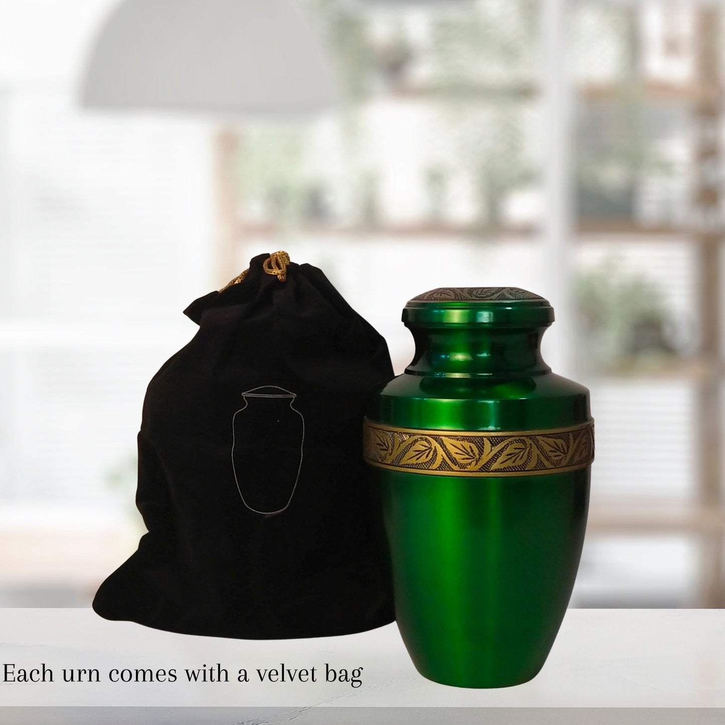 Leaves Metallic Finish Large Adult Cremation Urn for Human Ashes — With Velvet Bag