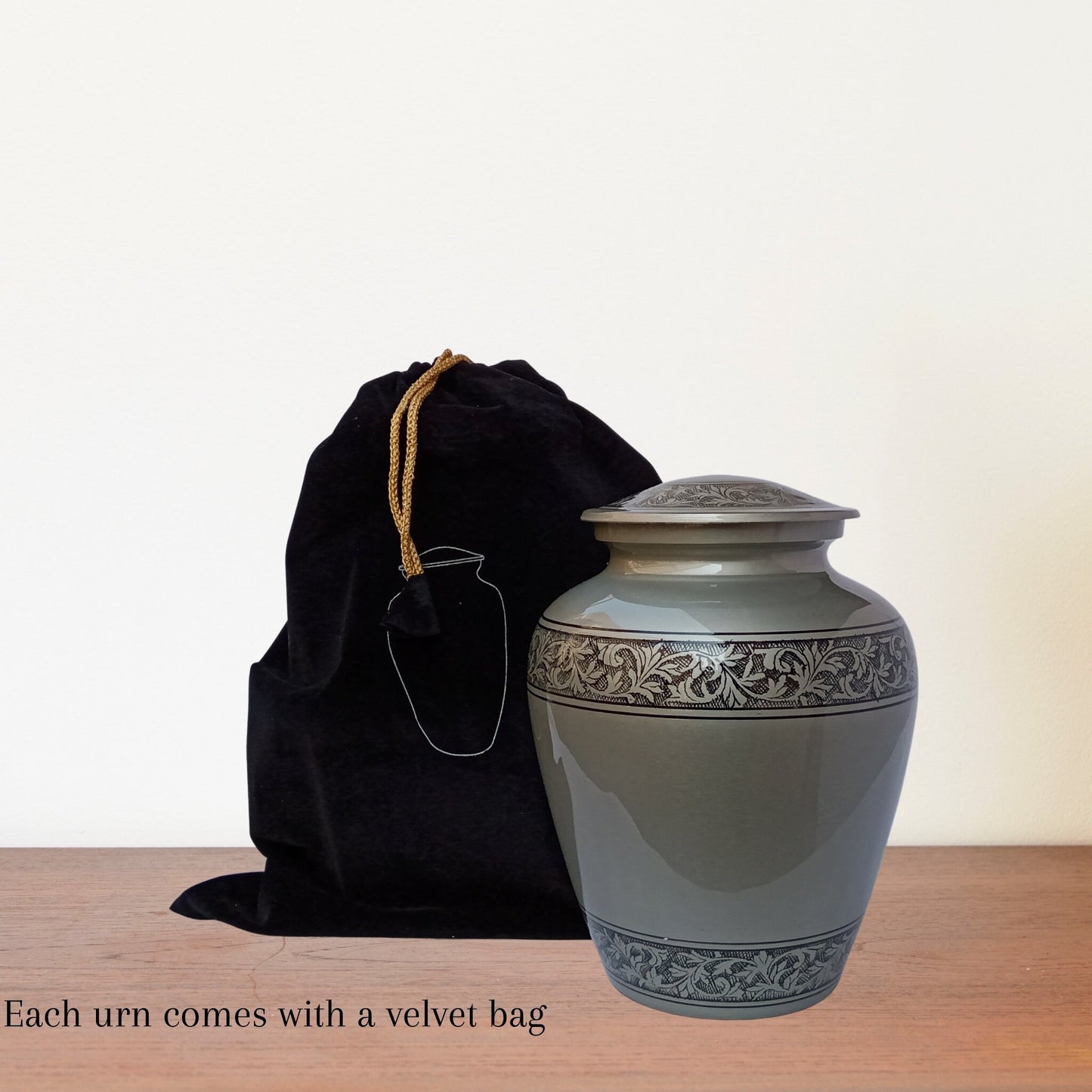 Gray Leaves Vines Large Adult Cremation Urn for Human Ashes — With Velvet Bag