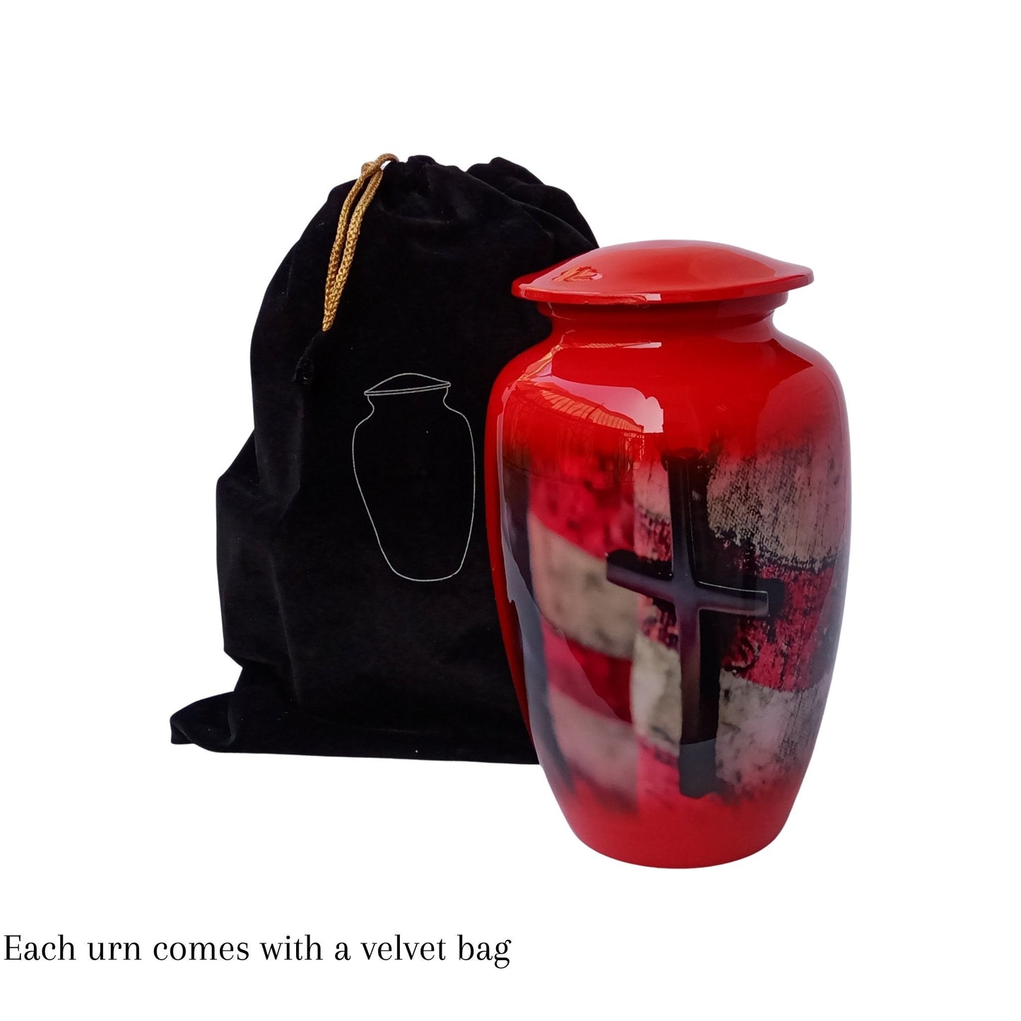 Flag & Cross Red Large Adult Cremation Urn for Human Ashes — With Velvet Bag