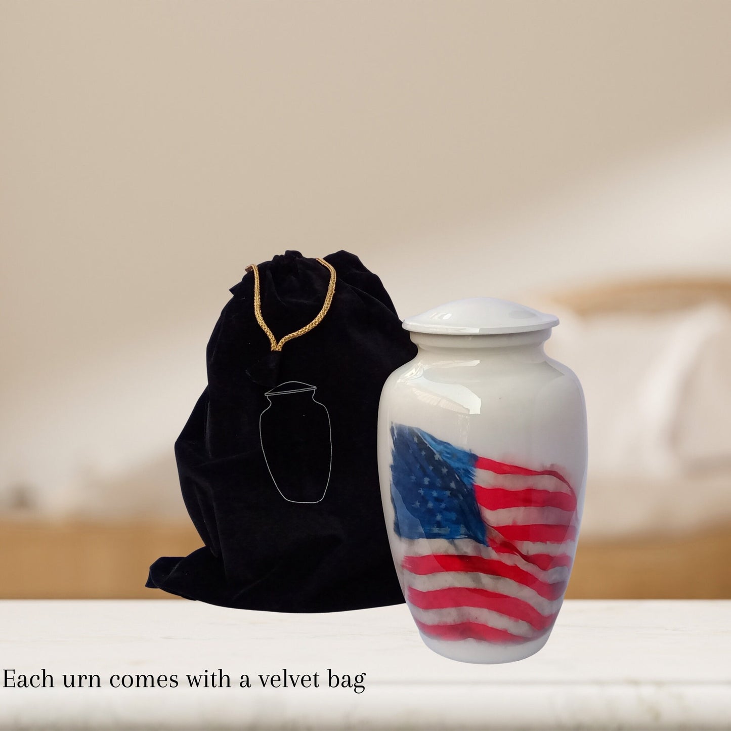 American Flag Patriotic Large Adult Cremation Urn for Human Ashes — With Velvet Bag