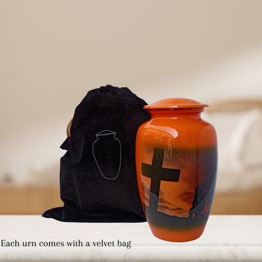 Holy Cross Orange Large Adult Cremation Urn for Human Ashes — With Velvet Bag