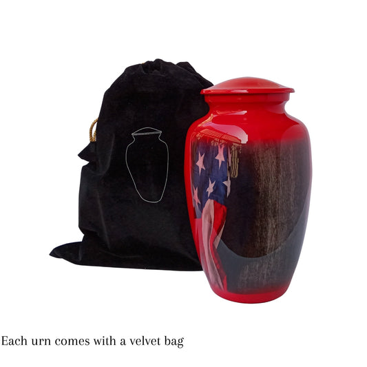 American Flag Large Adult Cremation Urn for Human Ashes — With Velvet Bag