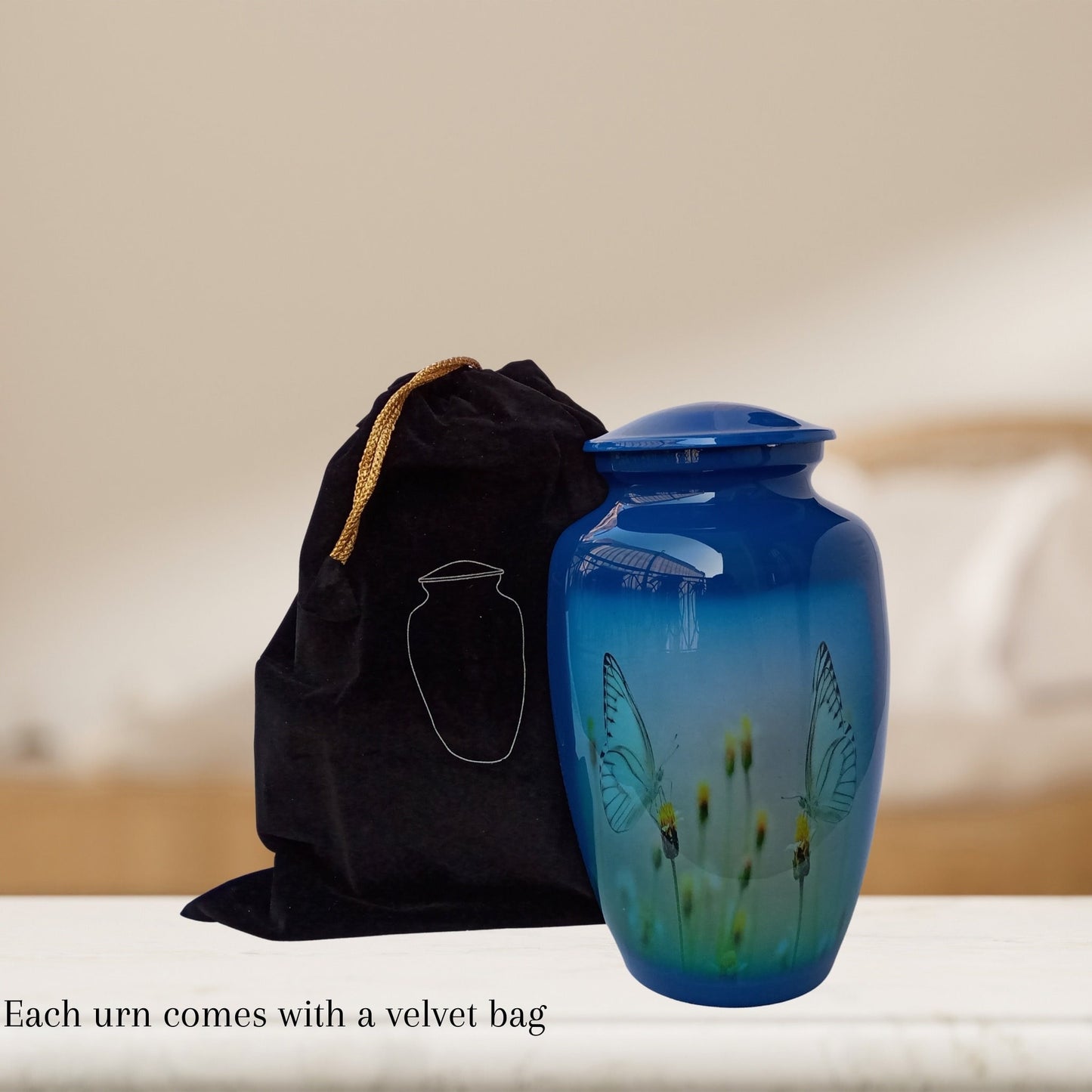 Two Butterfly Large Adult Cremation Urn for Human Ashes — With Velvet Bag