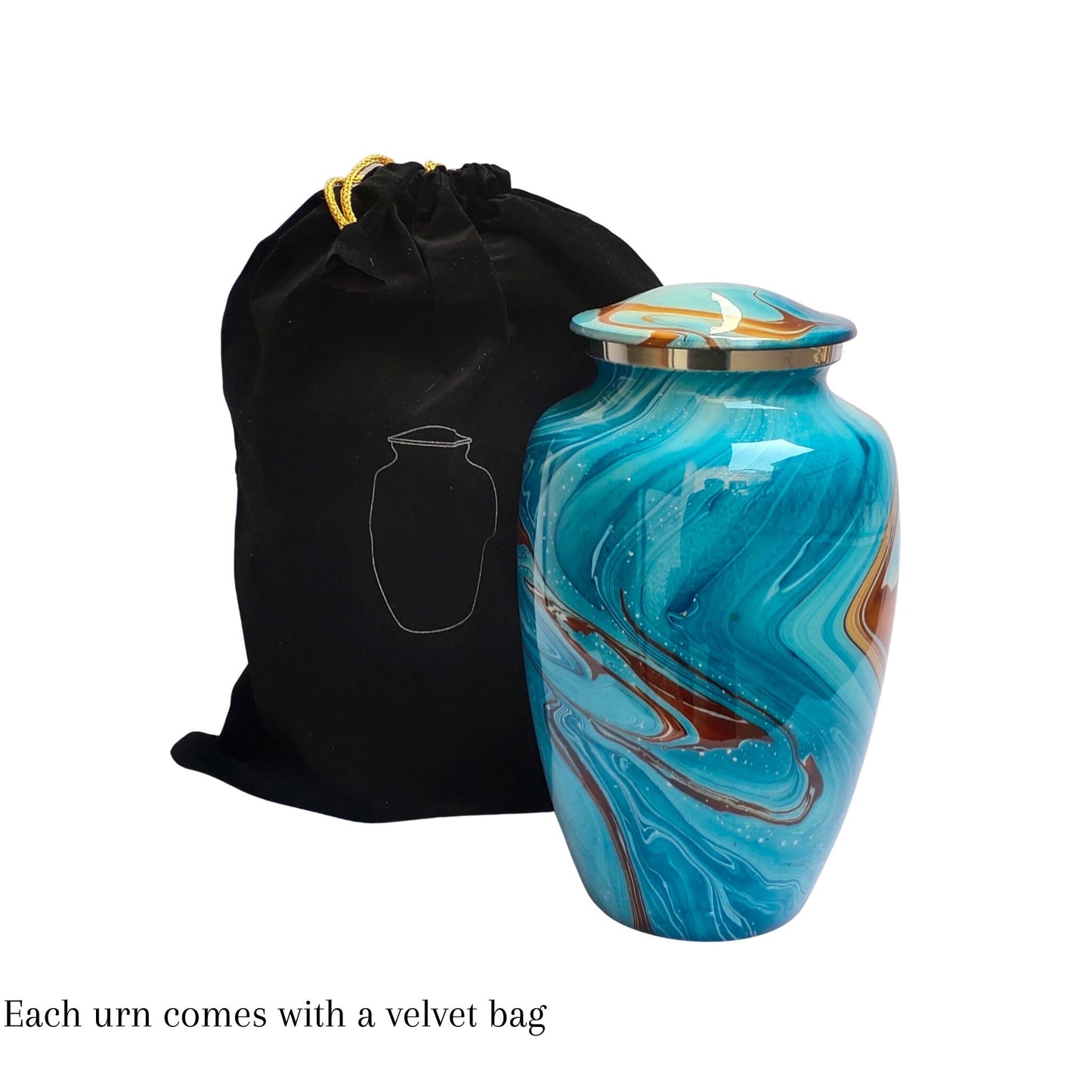 Black/Grey/Ocean Blue/Brown Marble Finish Large Adult Cremation Urn for Human Ashes — With Velvet Bag