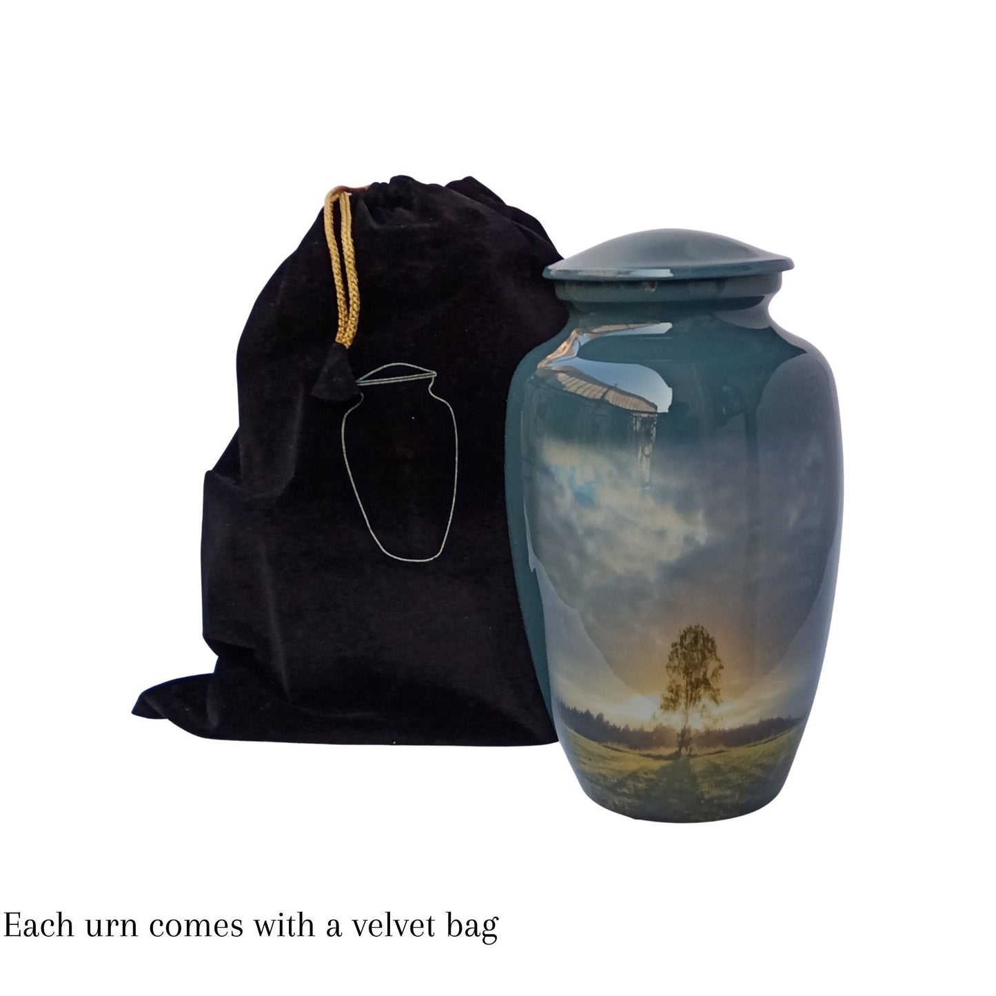 Tree in a Field Large Adult Cremation Urn for Human Ashes — With Velvet Bag