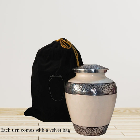 Etched Leaves Handcrafted Large Adult Cremation Urn for Human Ashes — With Velvet Bag