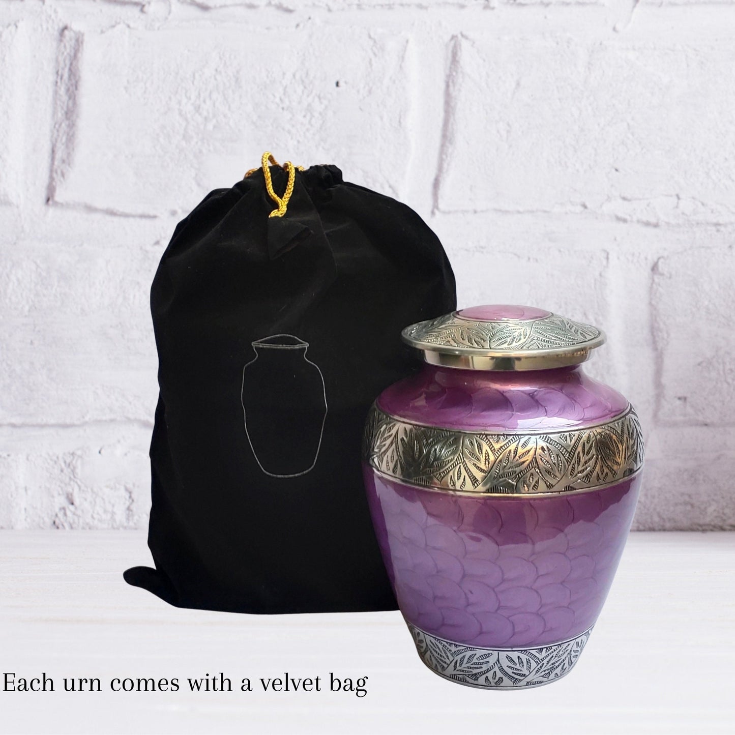 Etched Leaves Handcrafted Large Adult Cremation Urn for Human Ashes — With Velvet Bag