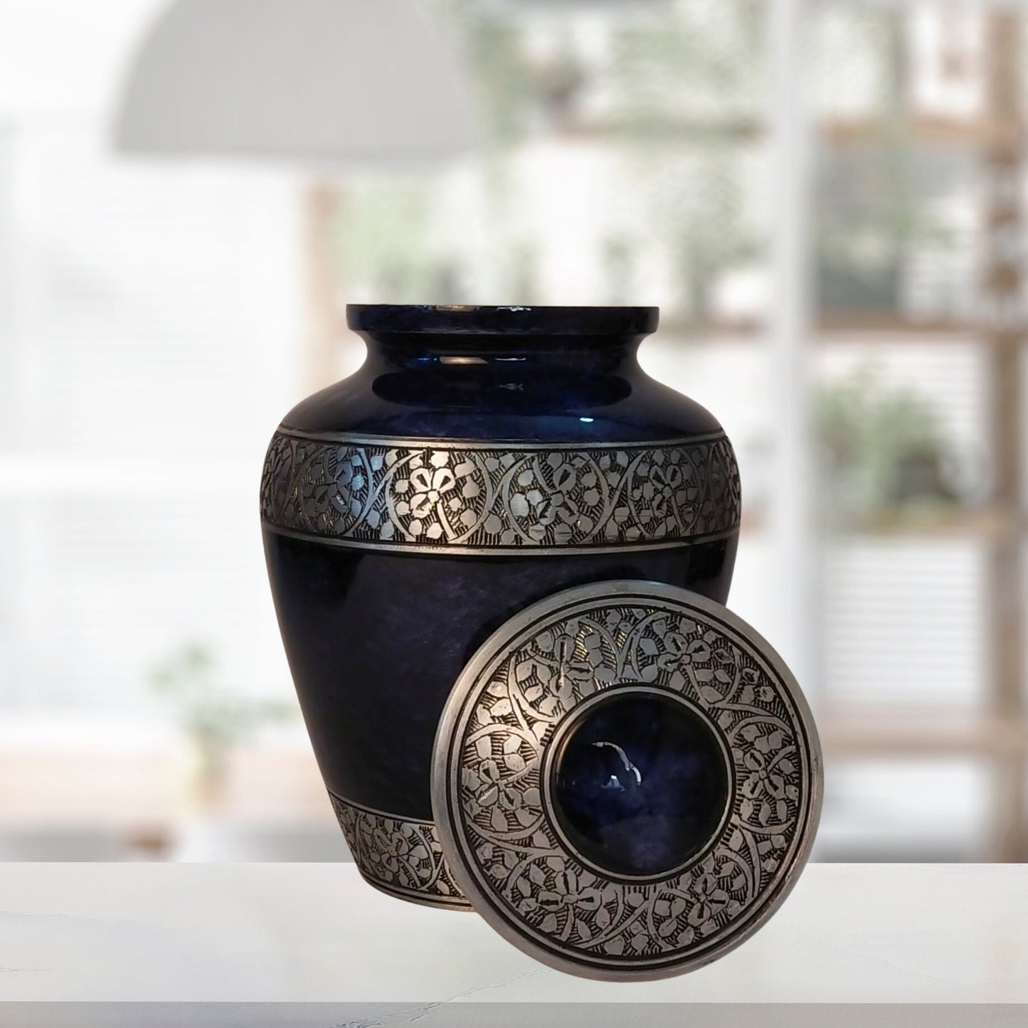 Leaves and Flowers Intricate Vine Large Adult Cremation Urn for Human Ashes — With Velvet Bag