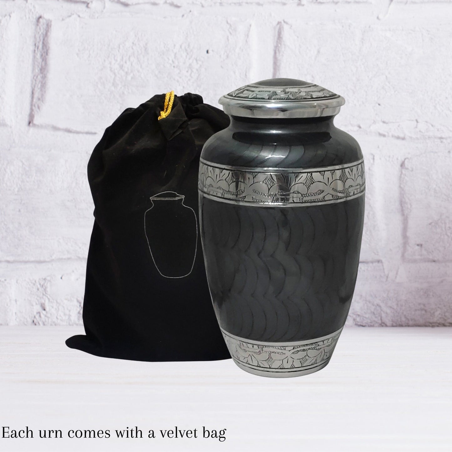 Silver Leaves Large Adult Cremation Urn for Human Ashes — With Velvet Bag