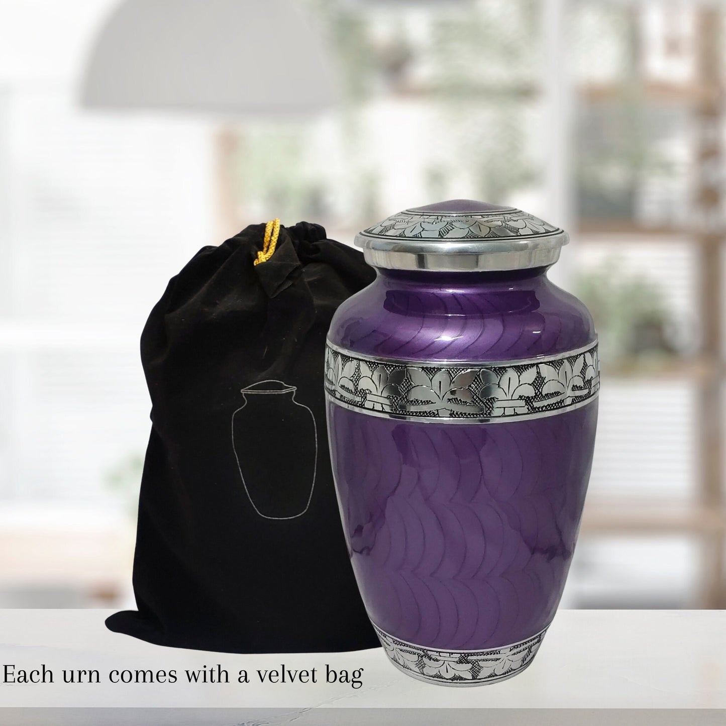 Silver Leaves Large Adult Cremation Urn for Human Ashes — With Velvet Bag