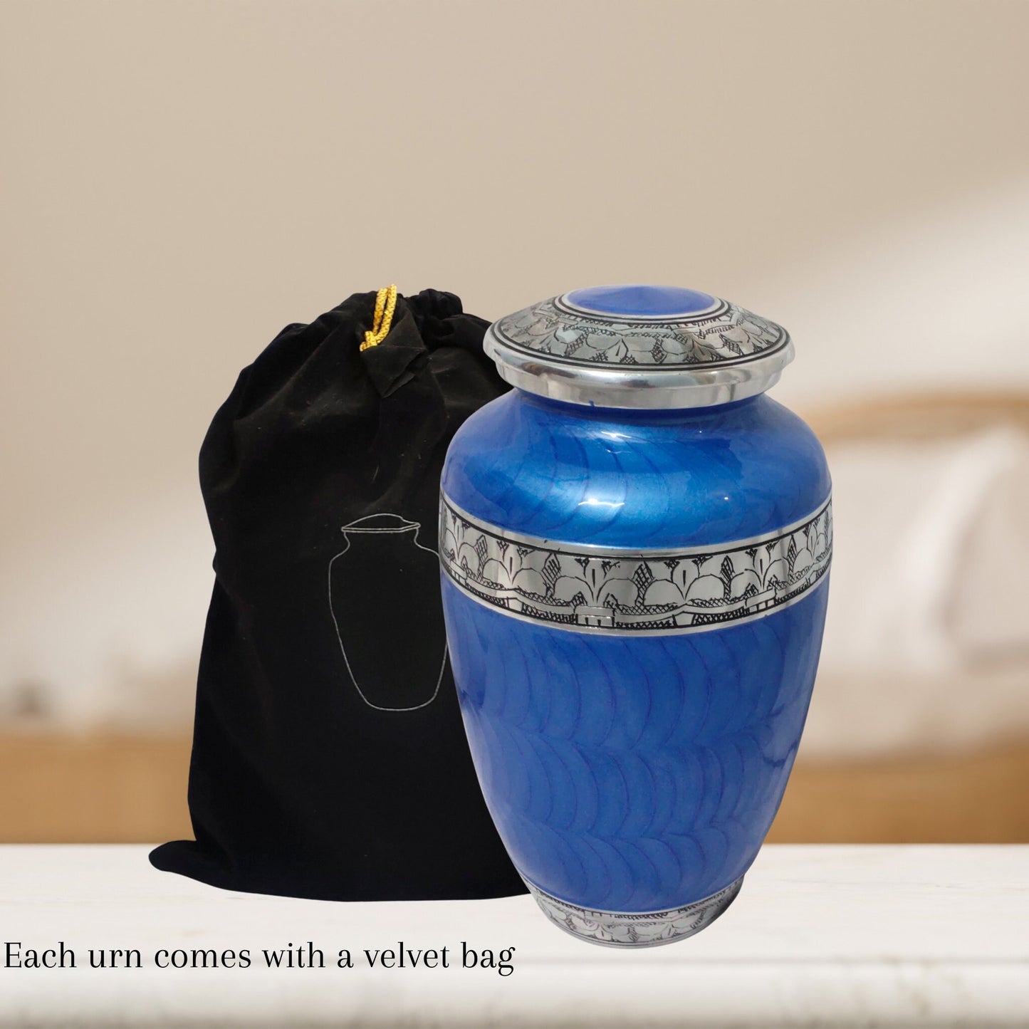 Silver Leaves Large Adult Cremation Urn for Human Ashes — With Velvet Bag