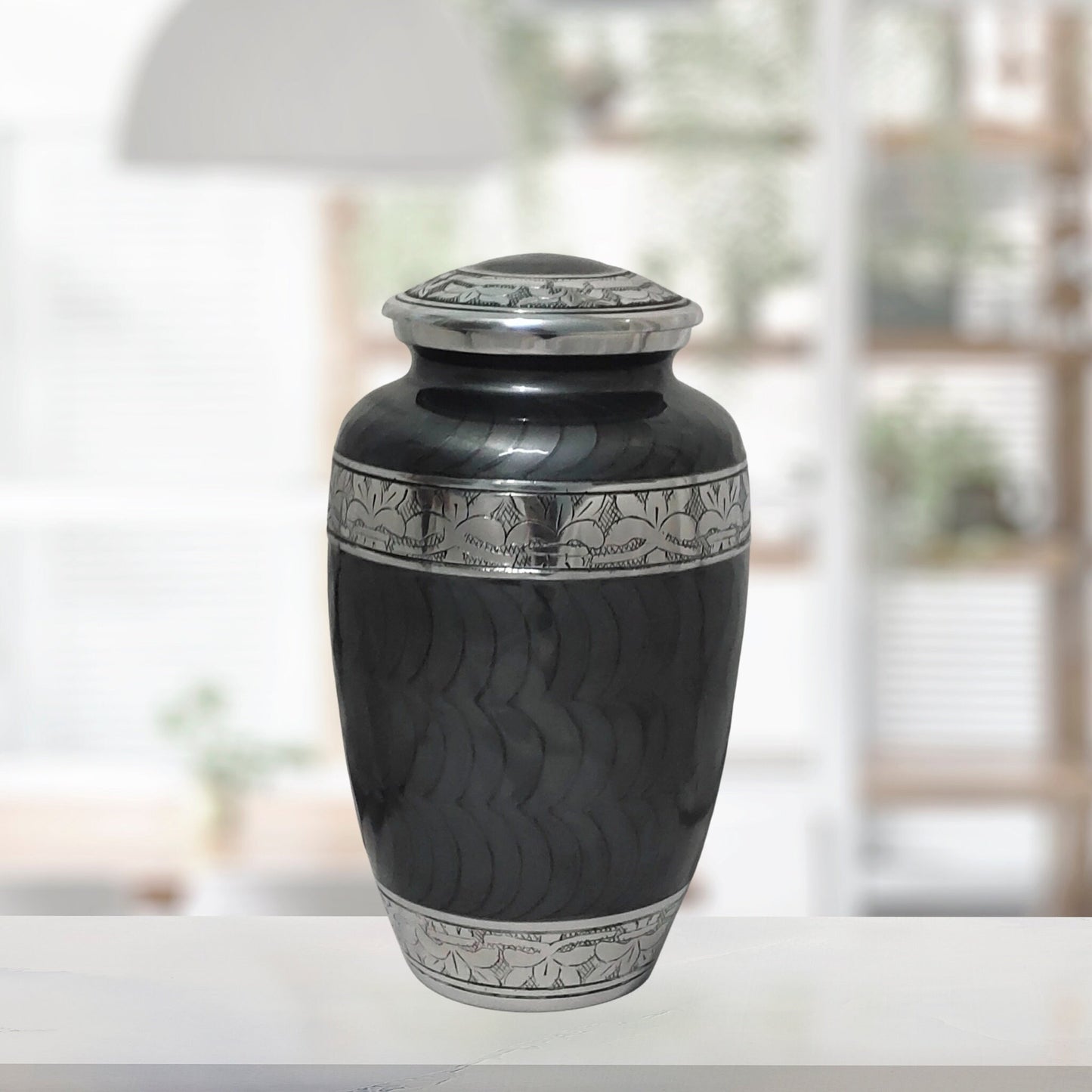 Silver Leaves Large Adult Cremation Urn for Human Ashes — With Velvet Bag