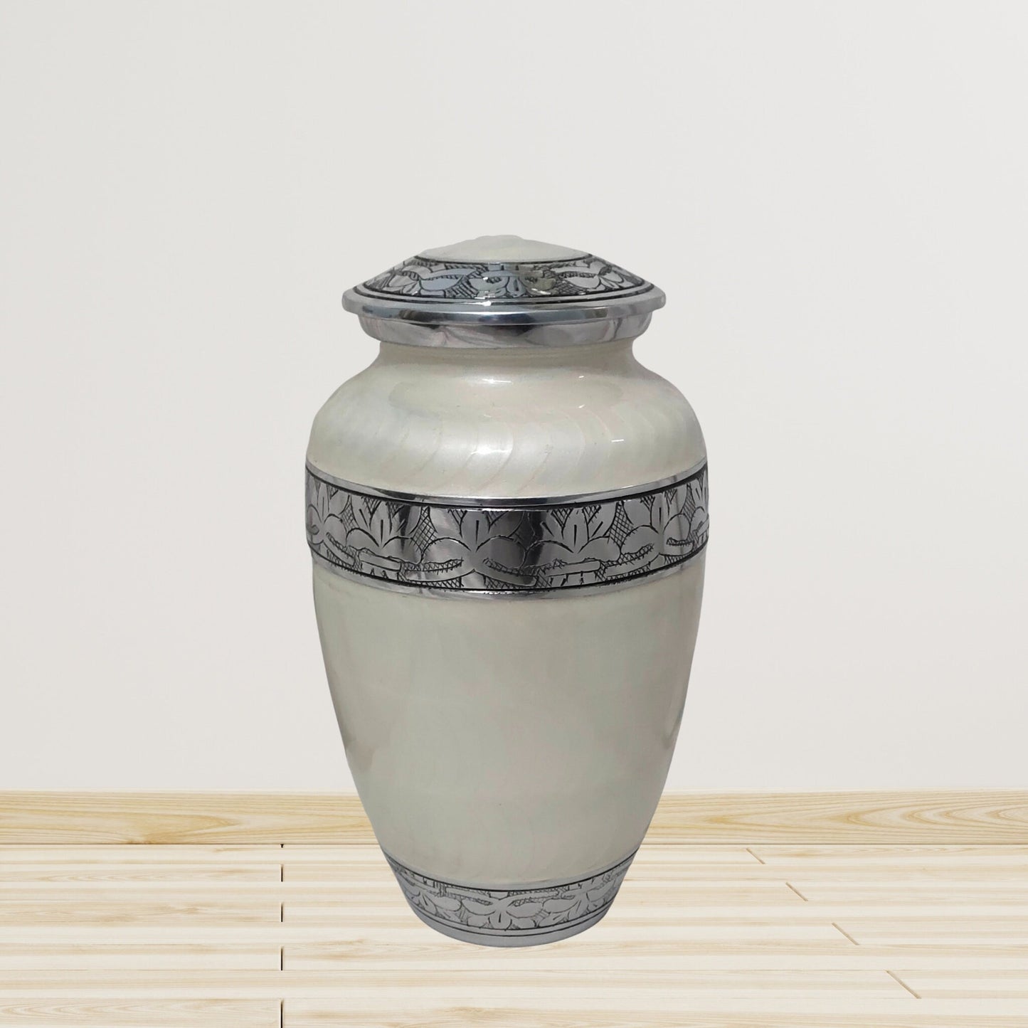 Silver Leaves Large Adult Cremation Urn for Human Ashes — With Velvet Bag