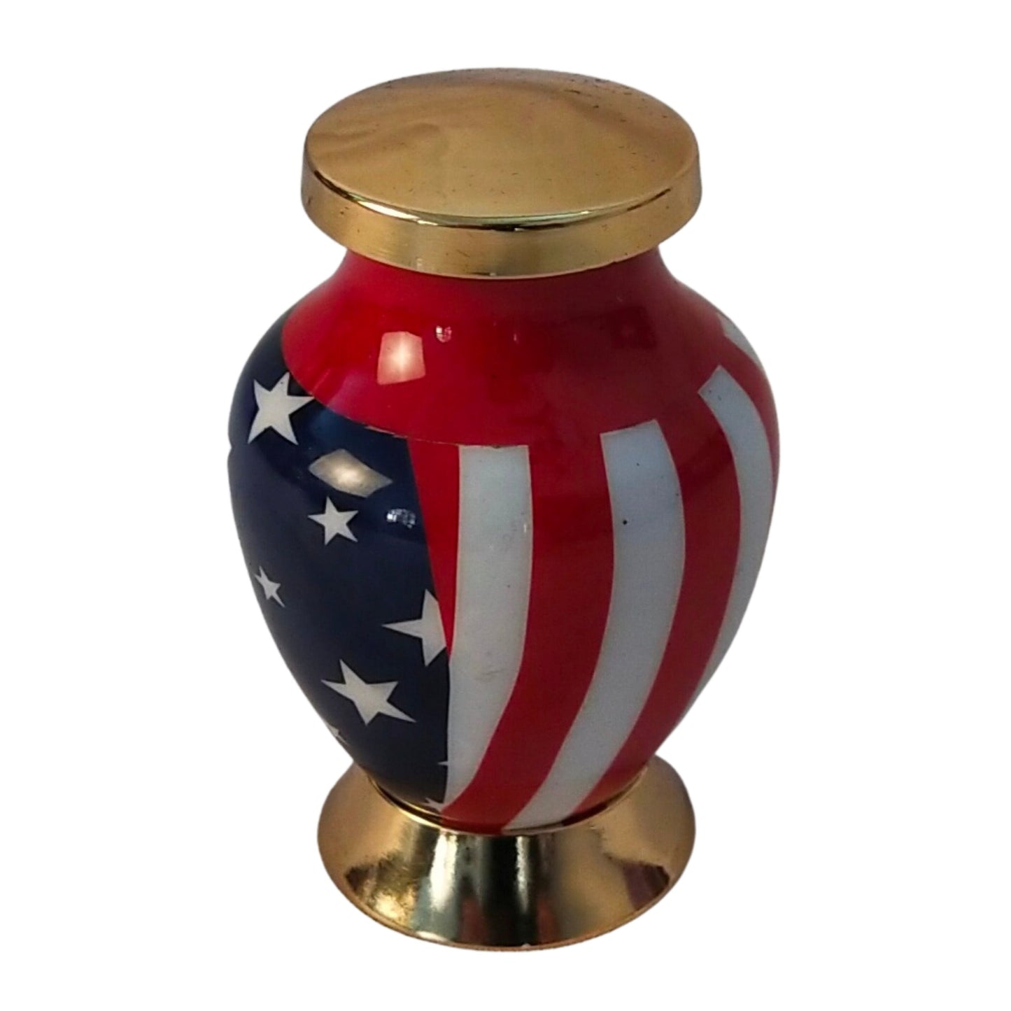 American Flag Mini Keepsake Cremation Urn for Patriots, Firefighters, Navy, Marine, Army, Veterans, & Policemen - Solid Brass, Single Piece