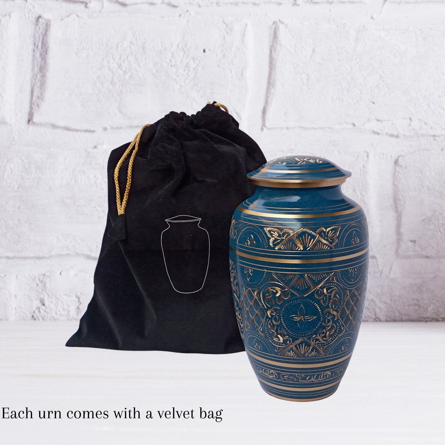 Solid Brass Hand-Etched Large Adult Cremation Urn for Human Ashes — With Velvet Bag