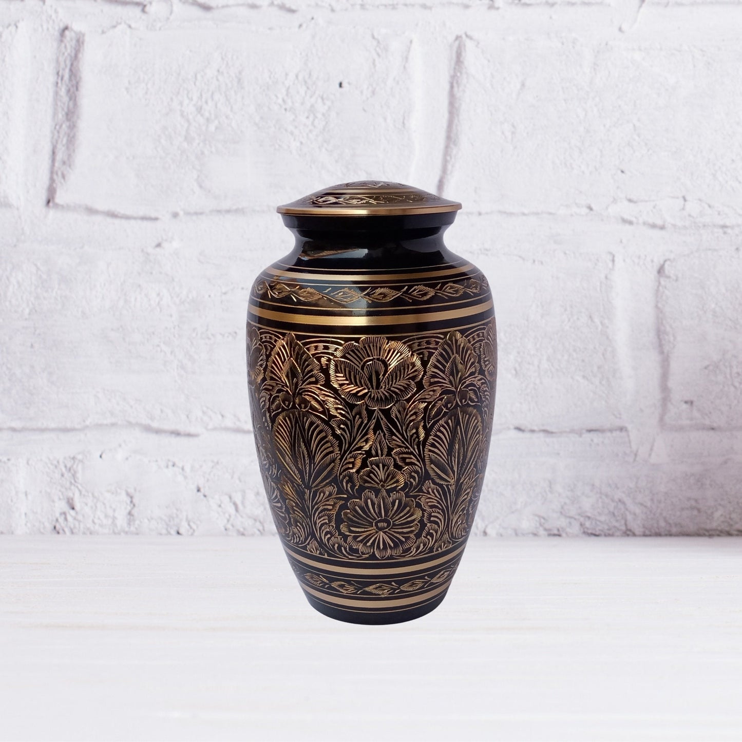 Solid Brass Hand-Etched Large Adult Cremation Urn for Human Ashes — With Velvet Bag