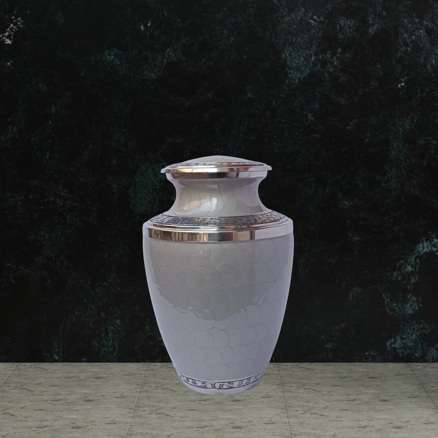 Beautifully Crafted Leaf and Mother of Pearl Pattern Large Adult Cremation Urn for Human Ashes — With Velvet Bag