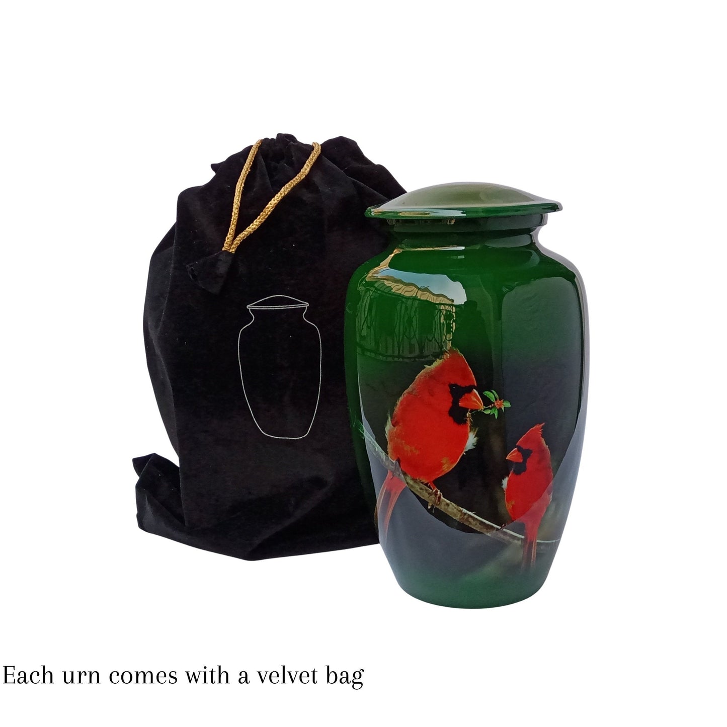 Cardinal Birds Large Adult Cremation Urn for Human Ashes — With Velvet Bag