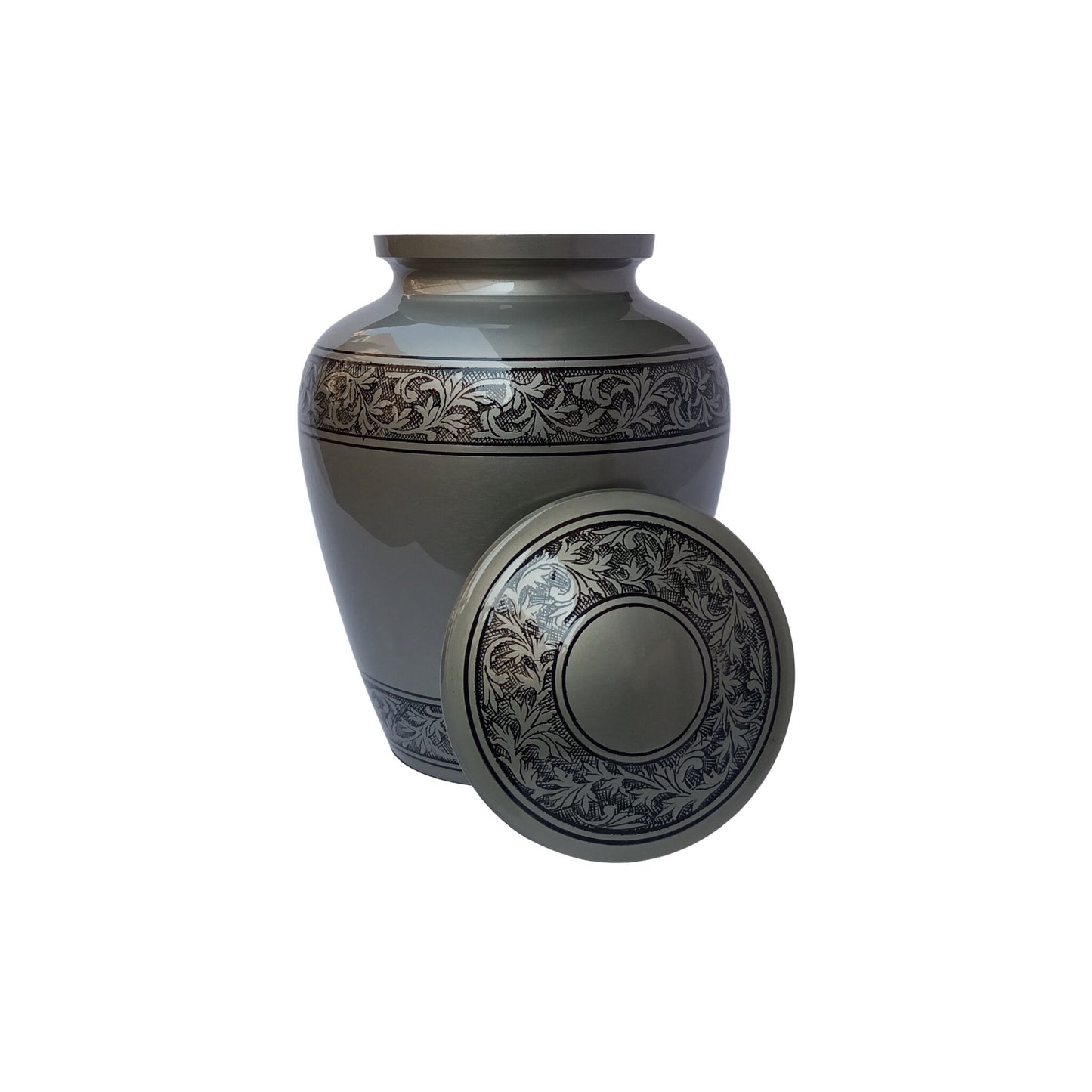 Gray Leaves Vines Large Adult Cremation Urn for Human Ashes — With Velvet Bag