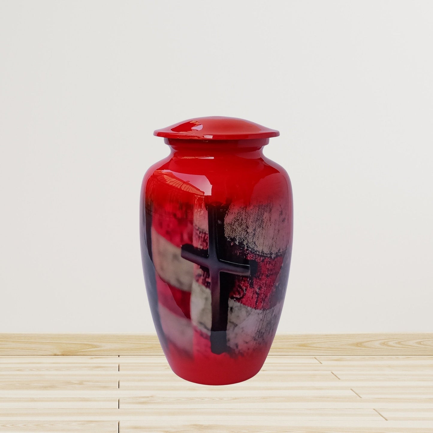 Flag & Cross Red Large Adult Cremation Urn for Human Ashes — With Velvet Bag