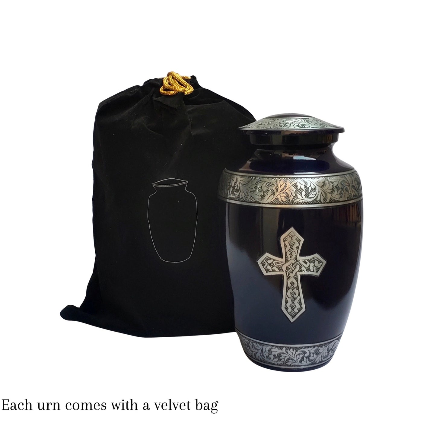 Holy Cross Large Adult Cremation Urn for Human Ashes — With Velvet Bag