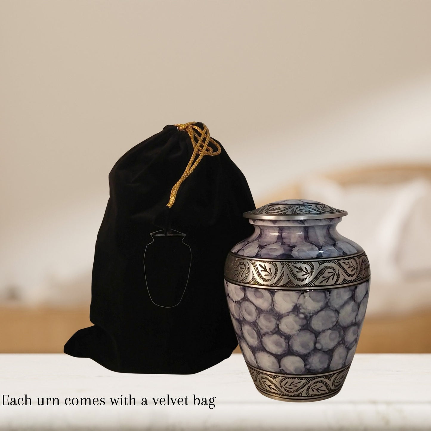 Etched Vine Handcrafted Large Adult Cremation Urn for Human Ashes — With Velvet Bag