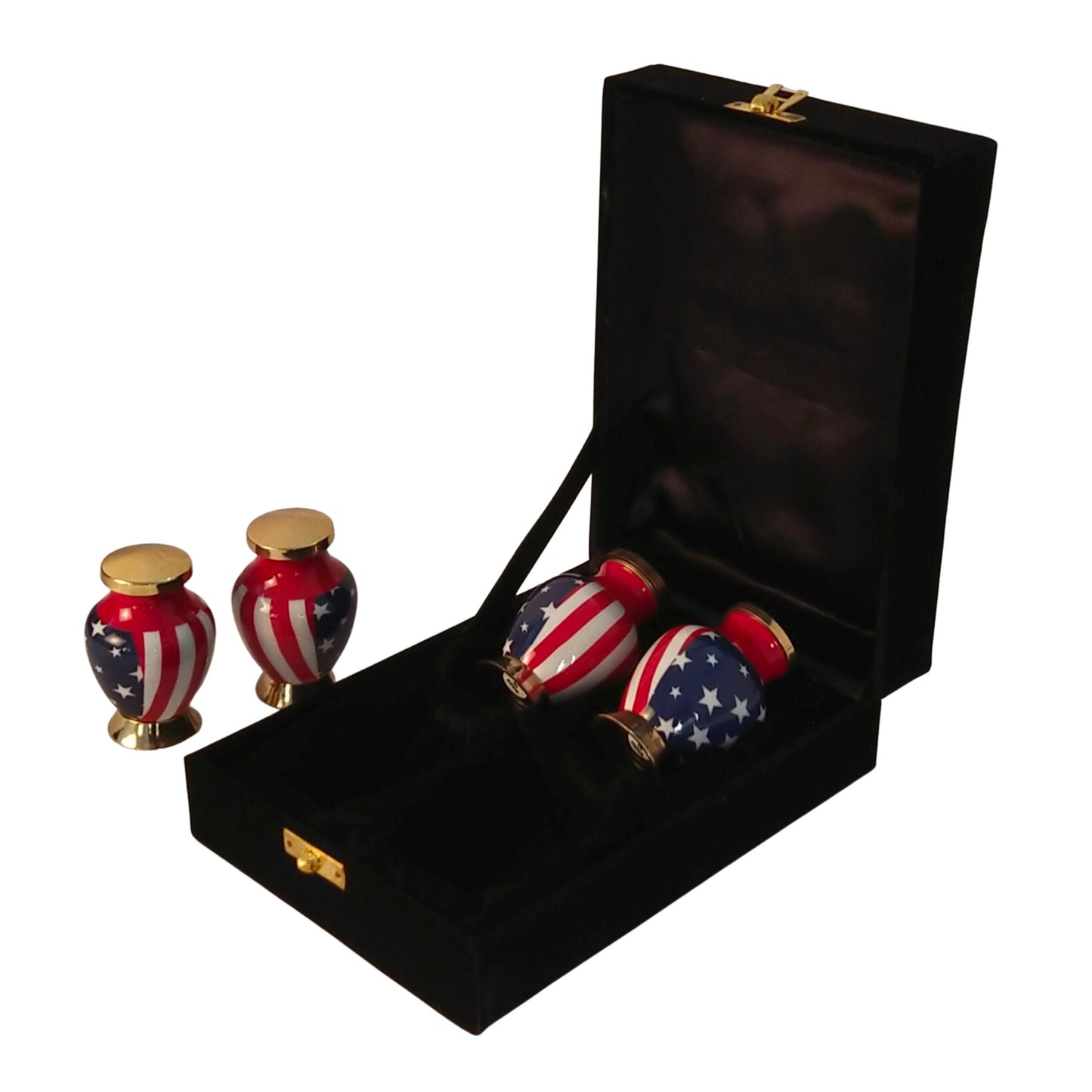 American Flag Mini Keepsake Cremation Urn for Patriots, Firefighters, Navy, Marine, Army, Veterans, and Policemen - with Velvet Box Set of 4