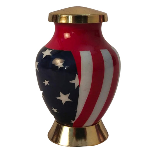 American Flag Mini Keepsake Cremation Urn for Patriots, Firefighters, Navy, Marine, Army, Veterans, & Policemen - Solid Brass, Single Piece
