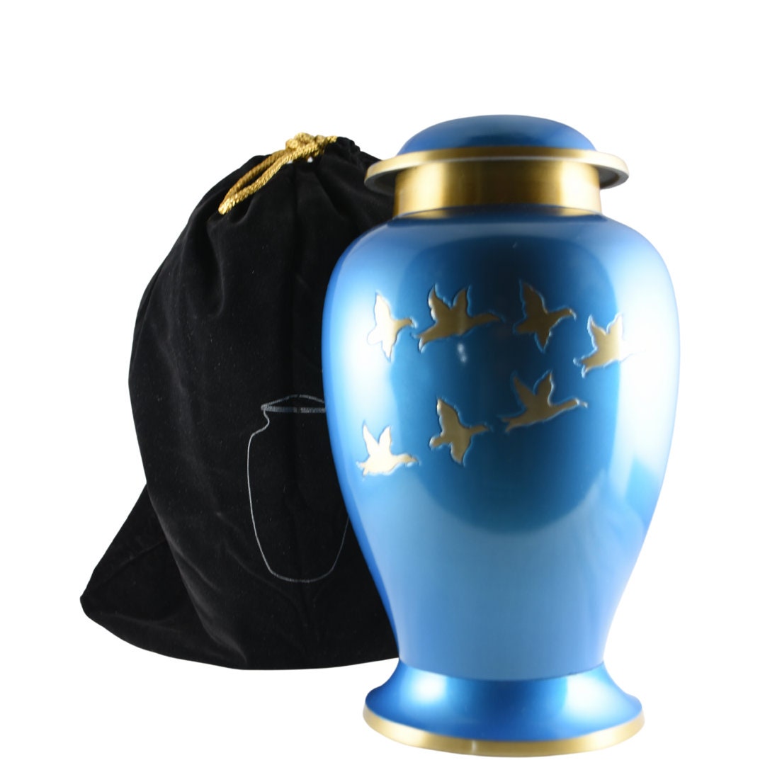 Flying Gold Geese Migration - Blue/Black/green with Gold Ring Unique Design Urn for Ashes Adult male - Urns for human ashes adult female