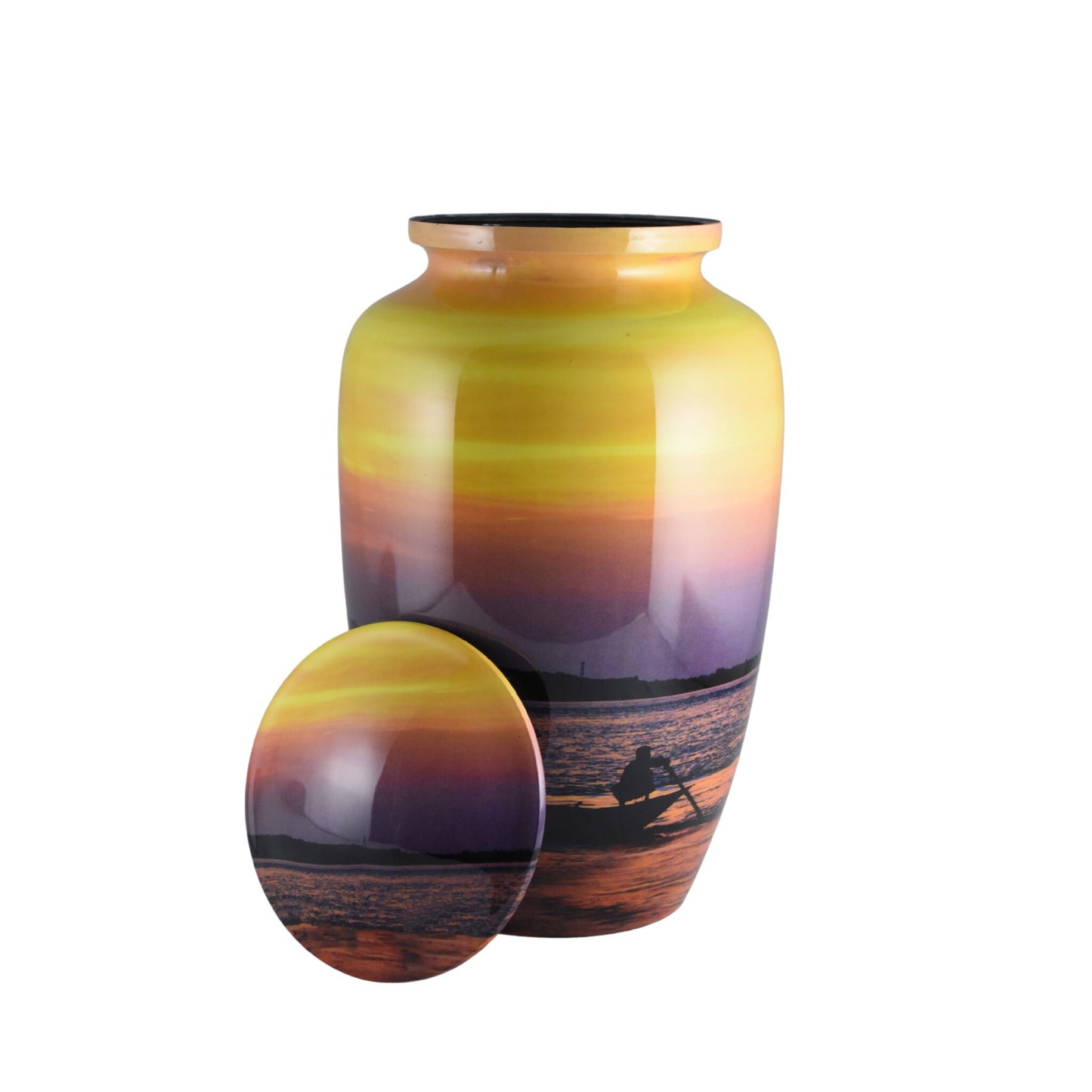 Sunset Orange & Yellow - Man in a boat rowing Urn for Ashes Adult male - Urns for human ashes adult female - Beautiful Orange/Yellow sunset