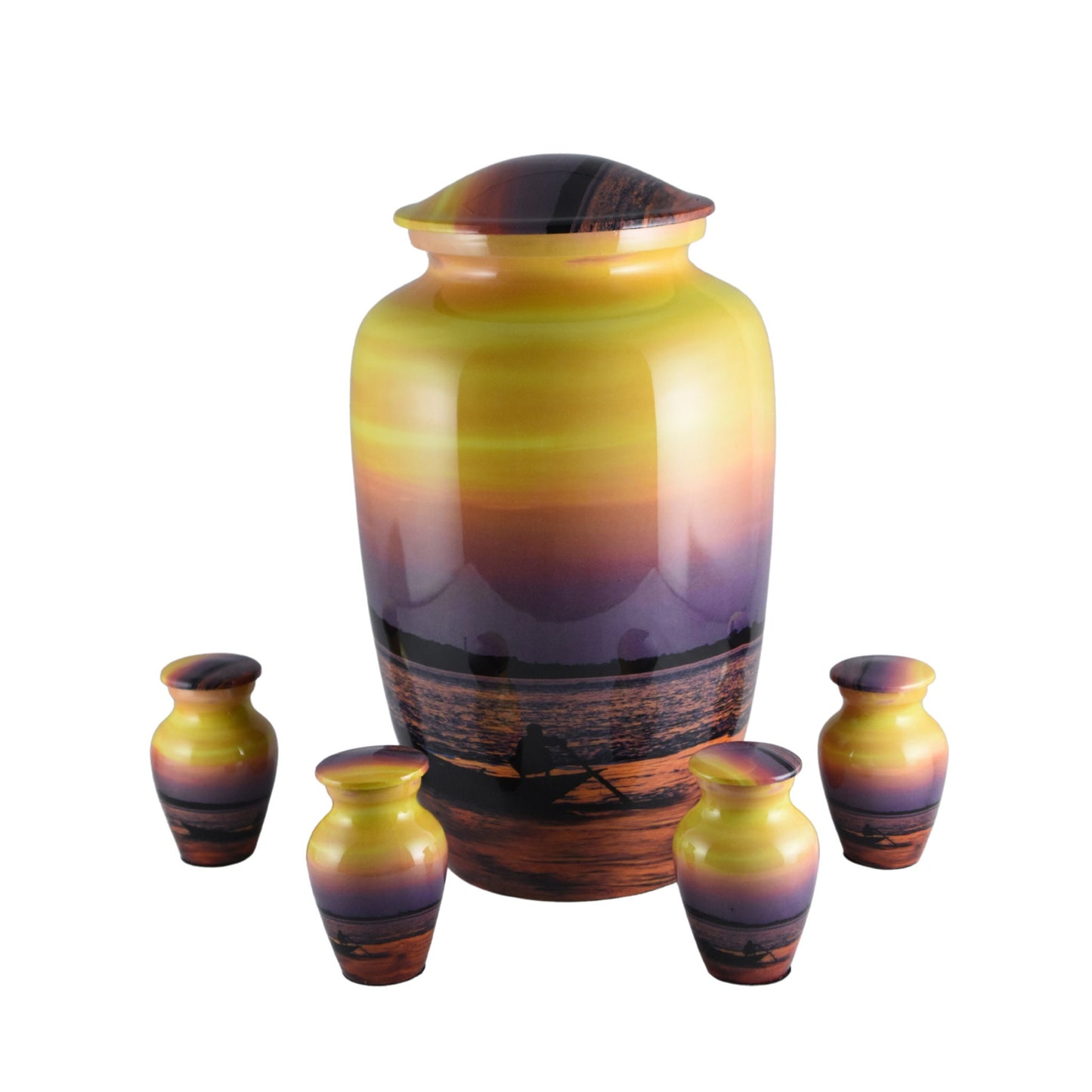 Sunset Orange & Yellow - Man in a boat rowing Urn for Ashes Adult male - Urns for human ashes adult female - Beautiful Orange/Yellow sunset