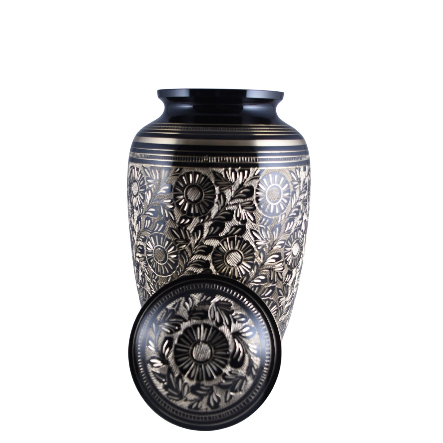 Solid Brass Flower Etched Large Adult Cremation Urn for Human Ashes — With Velvet Bag