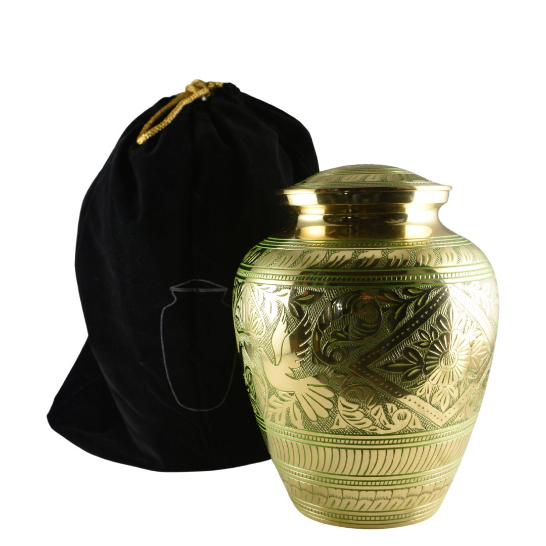 Solid Brass/Aluminum Hand-Etched Doves Large Adult Cremation Urn for Human Ashes — With Velvet Bag