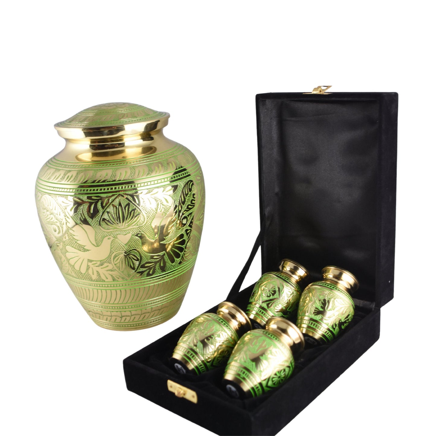 Solid Brass/Aluminum Hand-Etched Doves Large Adult Cremation Urn for Human Ashes — With Velvet Bag