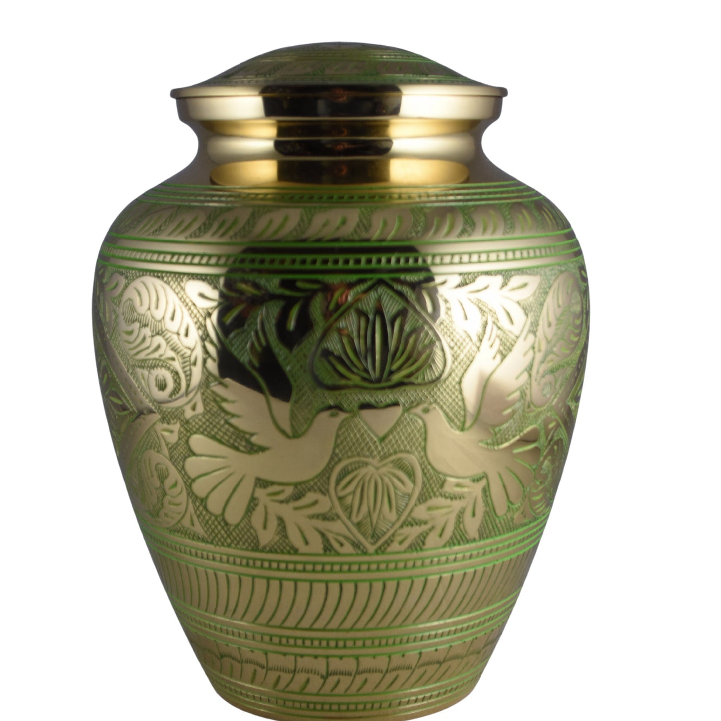 Solid Brass/Aluminum Hand-Etched Doves Large Adult Cremation Urn for Human Ashes — With Velvet Bag