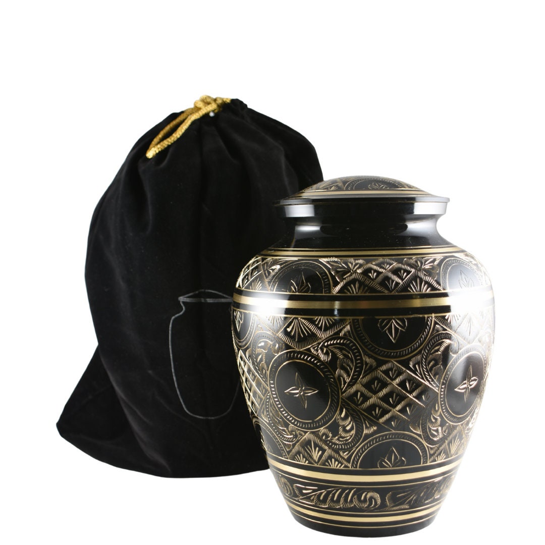 Solid Brass Etched Large Adult Cremation Urn for Human Ashes — With Velvet Bag