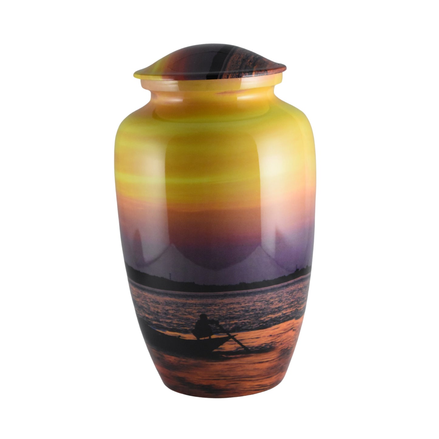 Sunset Orange & Yellow - Man in a boat rowing Urn for Ashes Adult male - Urns for human ashes adult female - Beautiful Orange/Yellow sunset