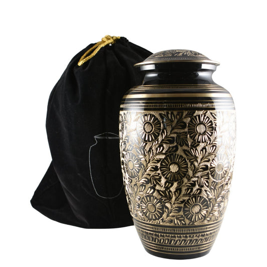 Solid Brass Flower Etched Large Adult Cremation Urn for Human Ashes — With Velvet Bag