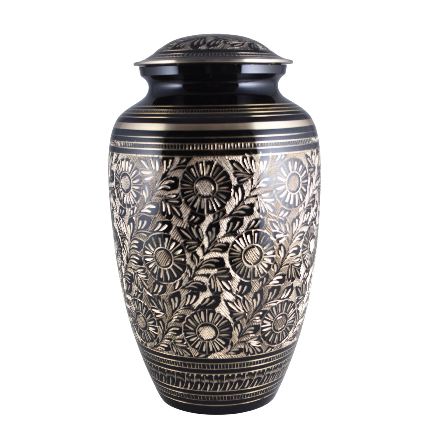 Solid Brass Flower Etched Large Adult Cremation Urn for Human Ashes — With Velvet Bag