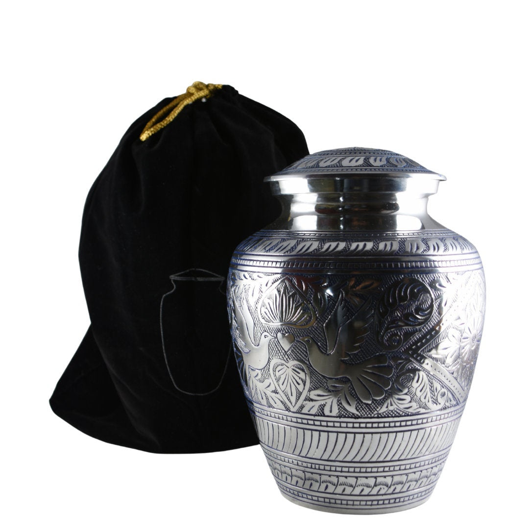 Solid Brass/Aluminum Hand-Etched Doves Large Adult Cremation Urn for Human Ashes — With Velvet Bag