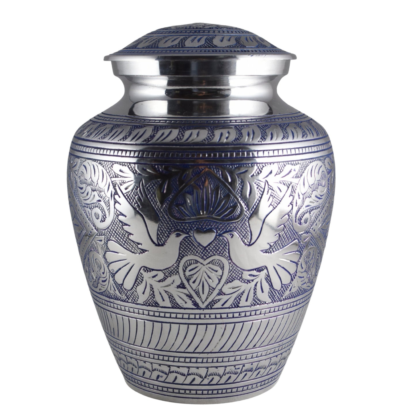 Solid Brass/Aluminum Hand-Etched Doves Large Adult Cremation Urn for Human Ashes — With Velvet Bag