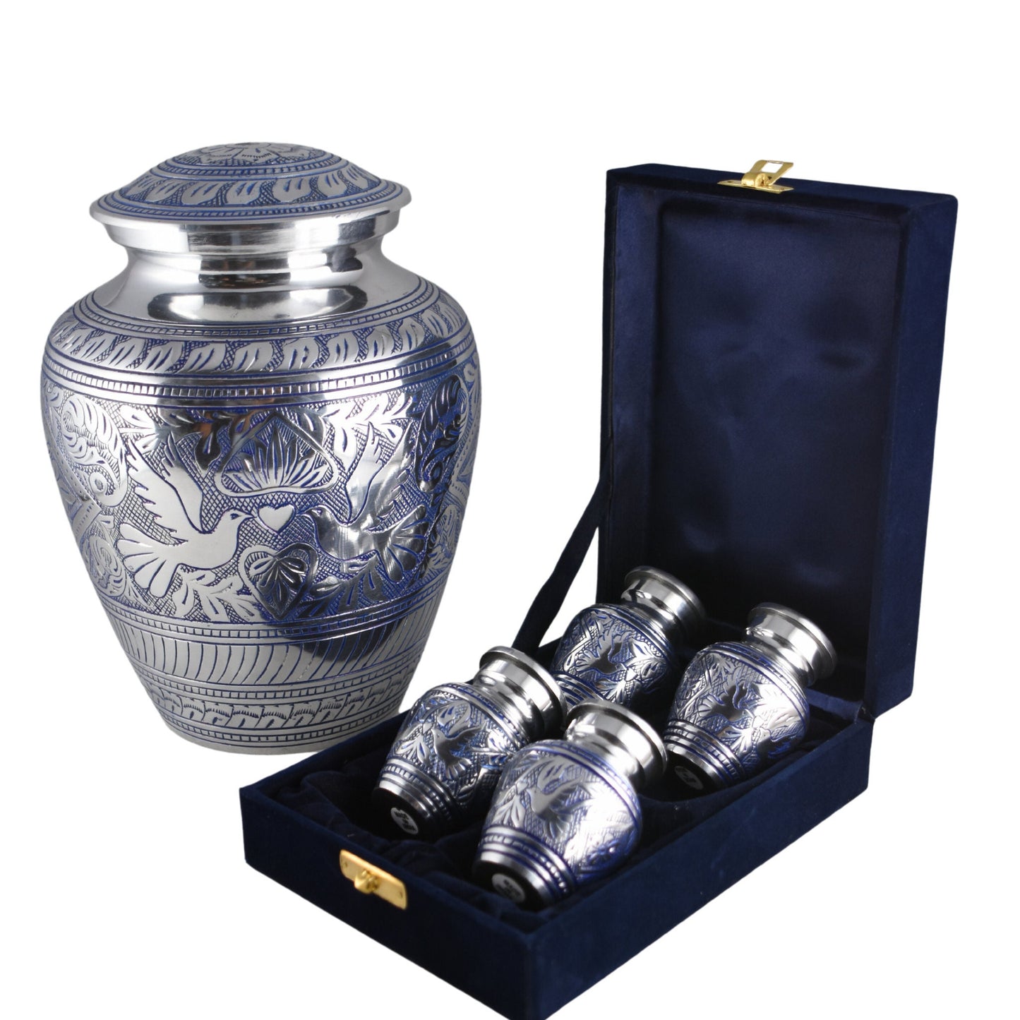 Solid Brass/Aluminum Hand-Etched Doves Large Adult Cremation Urn for Human Ashes — With Velvet Bag